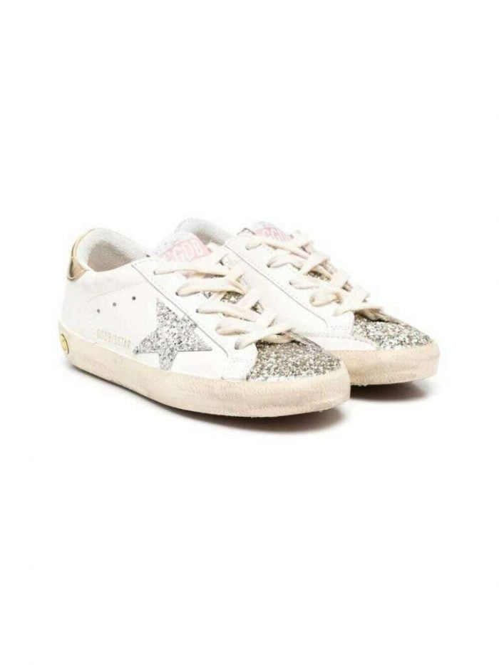 SUPER-STAR LEATHER UPPER GLITTER TOE AND STAR LAMINATED HEEL WHITE/SILVER/GOLD