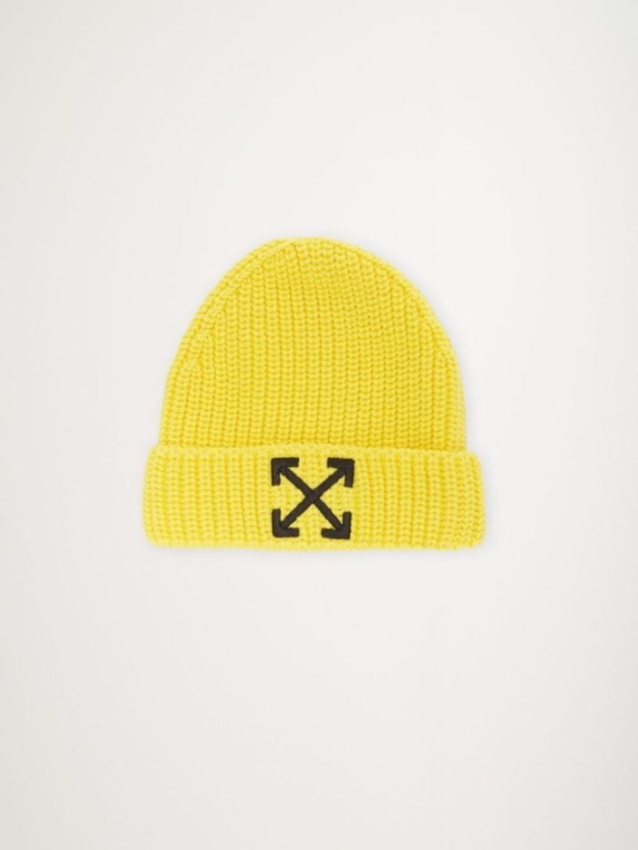 berretto con logo lavorato a maglia di Off-White Kids caratterizzato da giallo, cotone, motivo caratteristico delle frecce, logo ricamato e costruzione in maglia.