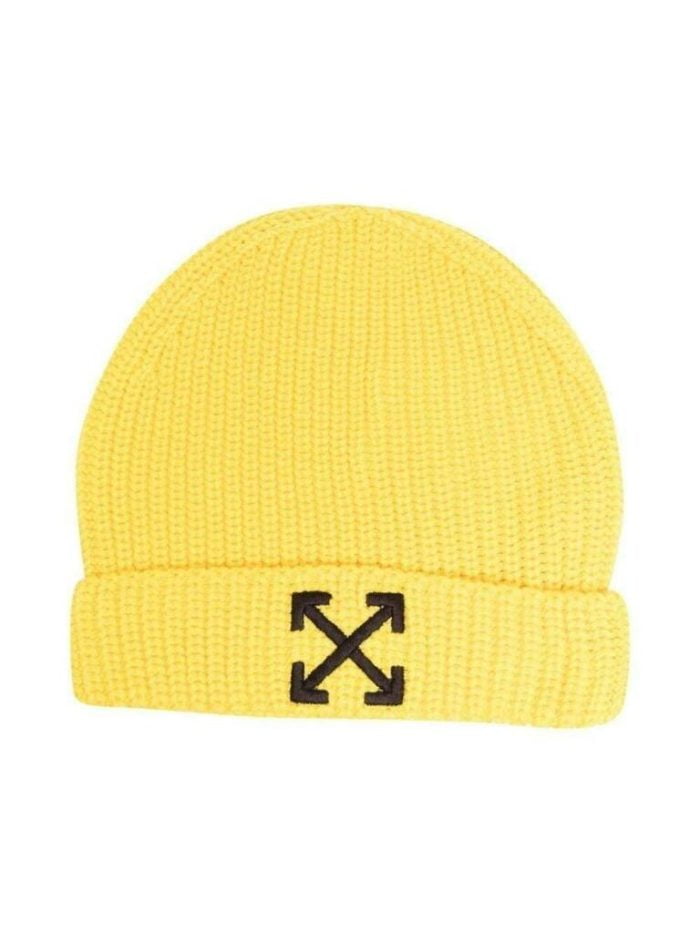 berretto con logo lavorato a maglia di Off-White Kids caratterizzato da giallo, cotone, motivo caratteristico delle frecce, logo ricamato e costruzione in maglia.
